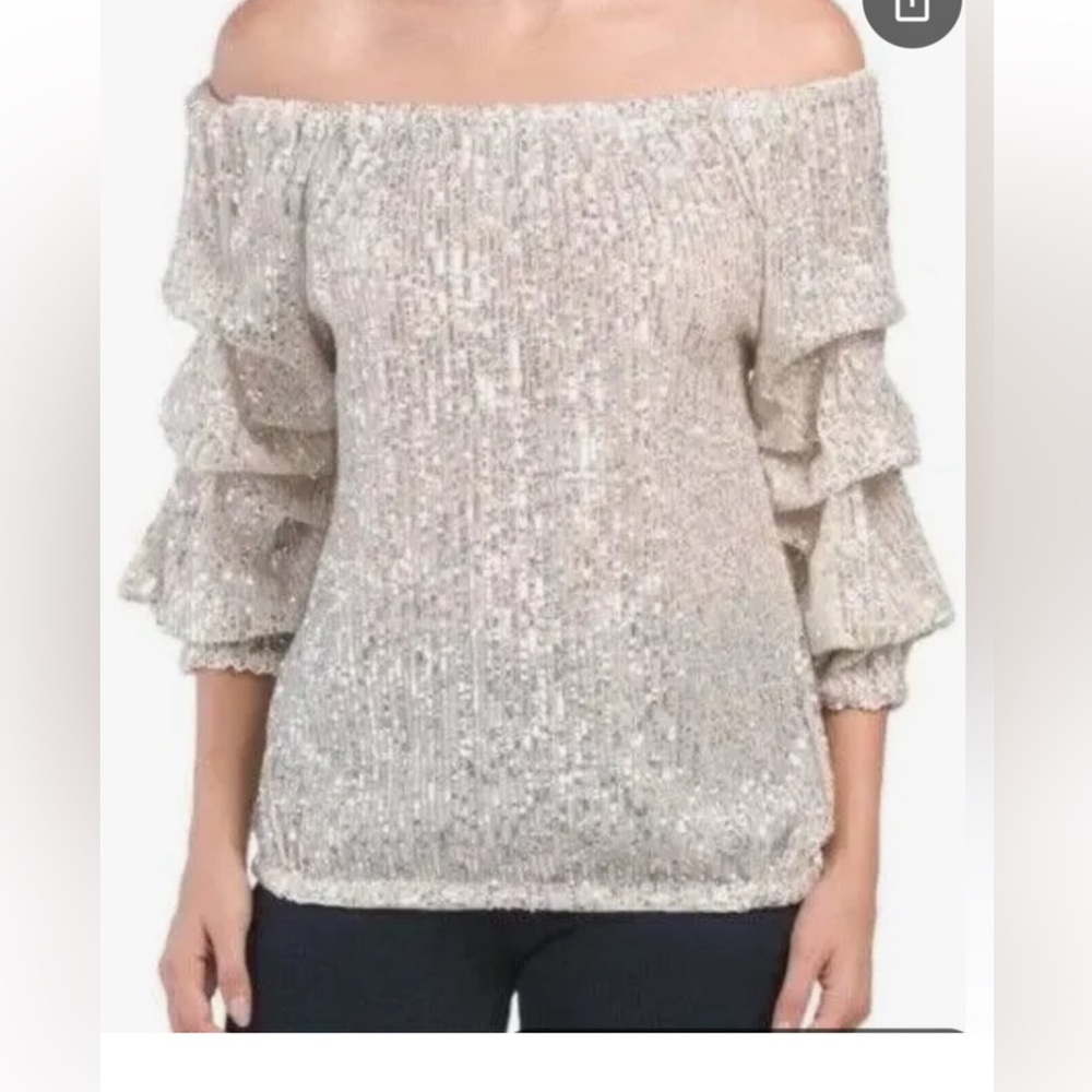 CeCe Sparkling Silver Sequin Blouse